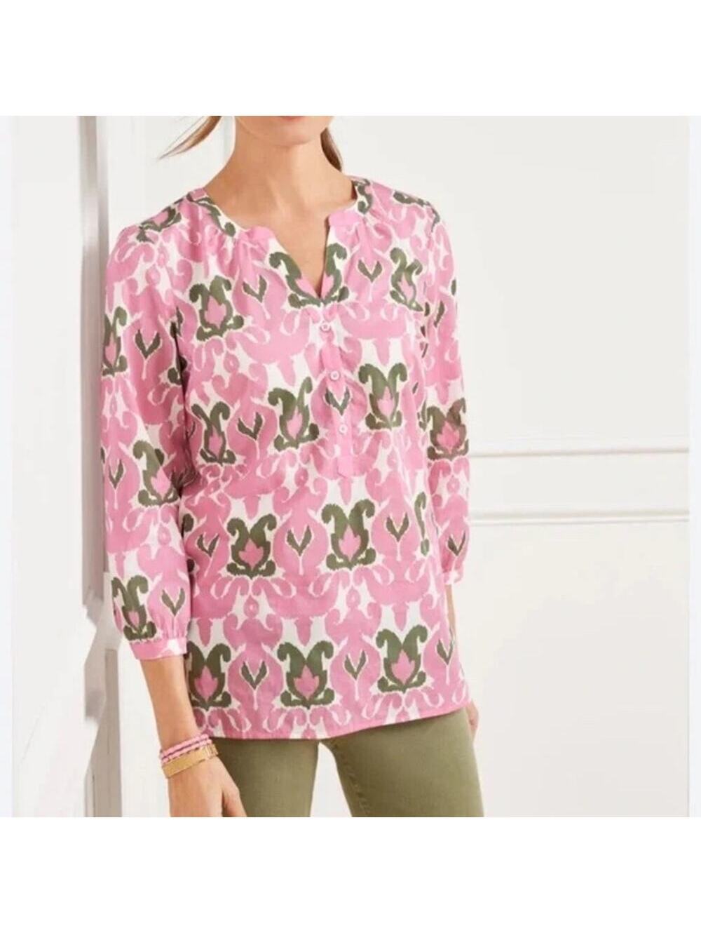 Talbots NWT Women's Ikat Medallion Split Neck Popover Shirt Pink Size 2X